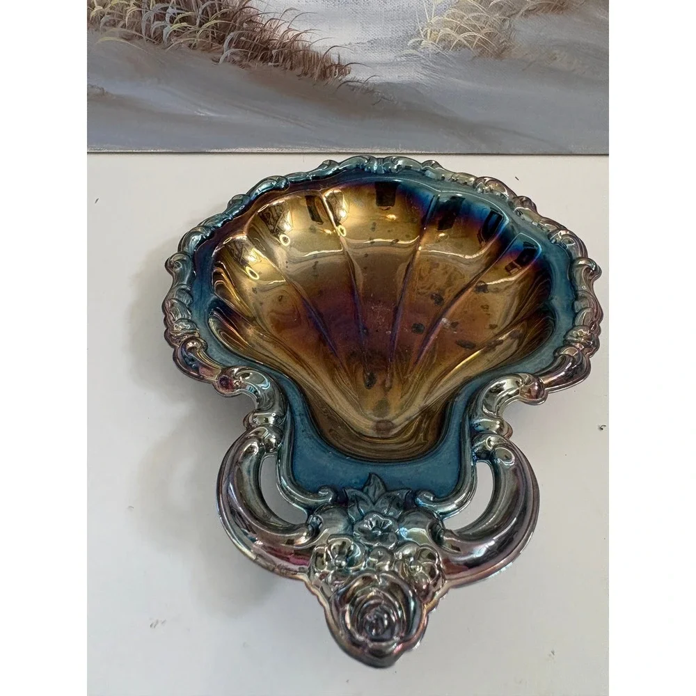 International Silverplate Shell Trinket Dish Iridescent Rainbow Tarnish Vintage